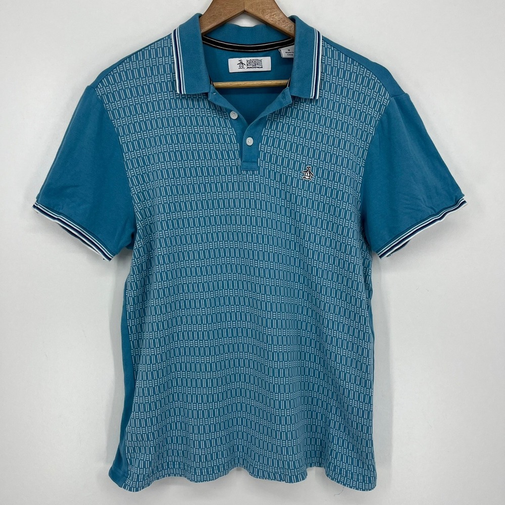 Original Penguin Mens Teal Blue Geometric Print Cotton Polo Shirt Size M